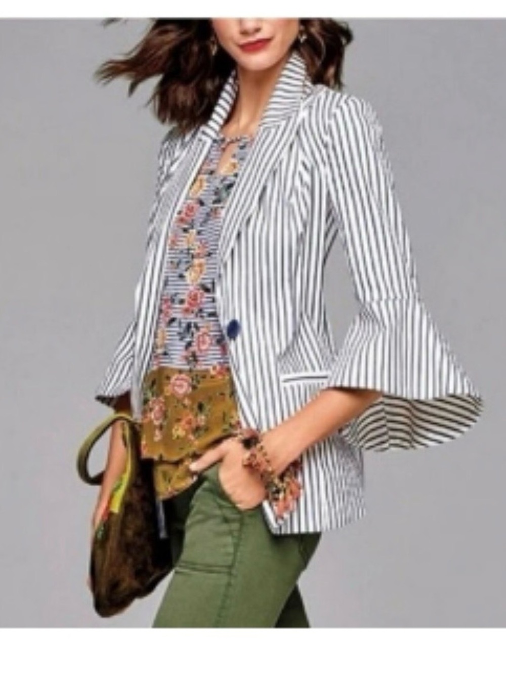 Cabi ticking stripe bell sleeve blazer size 4